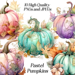 May include: Ten high quality PNG and JPEG files of pastel colored pumpkins with fall leaves. The text "Pastel Pumpkins" is at the bottom of the image.
