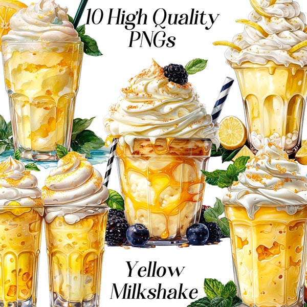 Watercolor Yellow Milkshake clipart, 10 high quality PNG Files, food clipart, summer clip art, sublimation design, printables