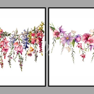 May include: Two watercolor paintings of floral garlands. The first garland features pink, purple, and yellow flowers with green leaves. The second garland features pink, purple, and white flowers with green leaves.