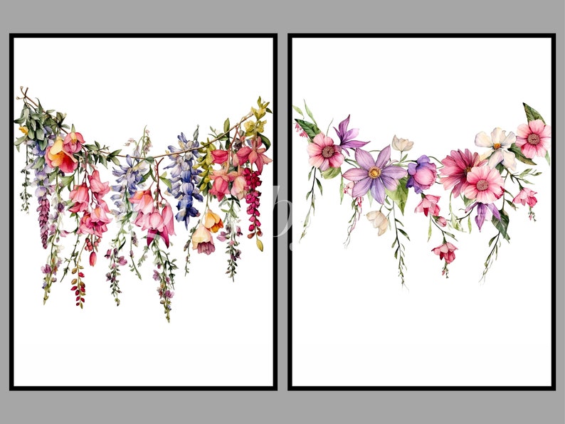 May include: Two watercolor paintings of floral garlands. The first garland features pink, purple, and yellow flowers with green leaves. The second garland features pink, purple, and white flowers with green leaves.