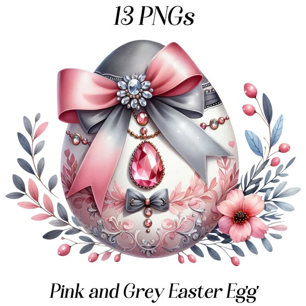 Watercolor Pink and Grey Easter Egg with bow clipart, 13 PNG files, decorated egg, easter graphics, elegant easter egg, printables