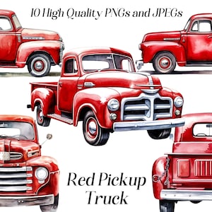 Watercolor Red Pickup Truck Clipart: Vintage Farm Truck Graphics (JPEG, PNG)