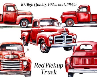 Watercolor red pickup truck clipart, 10 high quality JPEG and PNG files, vintage farm truck, cottagecore, farm life, printable graphics
