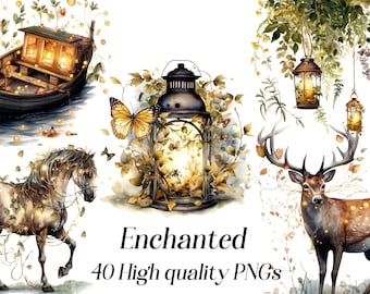 Watercolor Enchanted Forest Clipart, 40 High quality PNGs, magic clipart, fantasy clipart, magic forest, fairy garden clip art