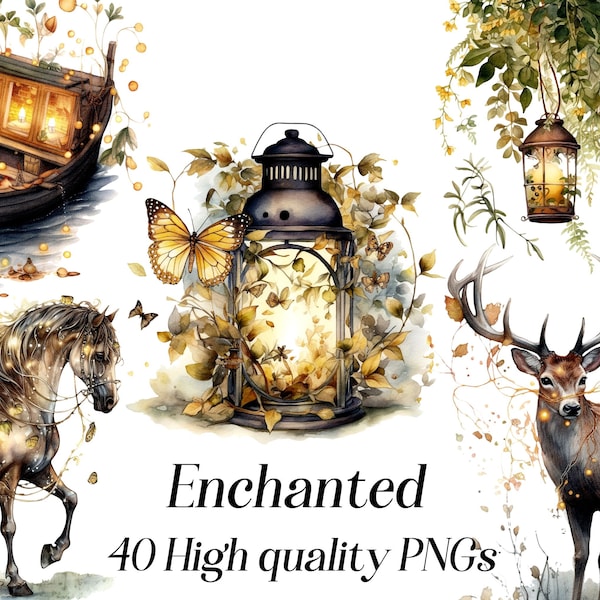 Watercolor Enchanted Forest Clipart, 40 High quality PNGs, magic clipart, fantasy clipart, magic forest, fairy garden clip art