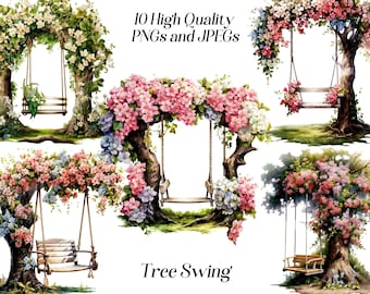 Watercolor Floral Tree Swing Clipart: Romantic PNG Set (Digital Download)
