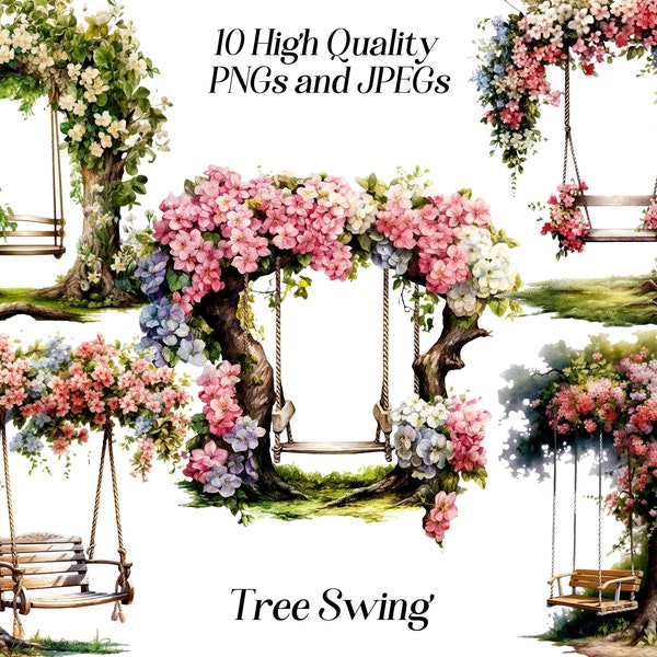 Watercolor tree swing clipart, 10 high quality JPEG and PNG files, floral swings, romantic clipart, tree with flowers, card making