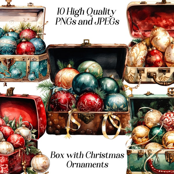 Watercolor Christmas ornaments clipart, 10 high quality JPEG and PNG files, winter holidays, xmas clip art, decorations, decor, printables