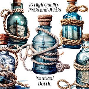 Watercolor nautical bottle clipart, 10 high quality JPEG and PNG files, glass bottle clip art, bottle with rope, nautical clipart, printable