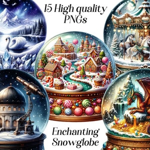 Clipart de boules à neige enchanteur aquarelle, 15 fichiers PNG de haute qualité, clipart fantastique, clipart magique, illustration de boule à neige, imprimable