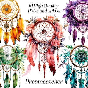 Clipart de apanhador de sonhos em aquarela, 10 arquivos JPEG e PNG de alta qualidade, clipart Boho, clipart boho, clipart de decoração de casa, imprimíveis