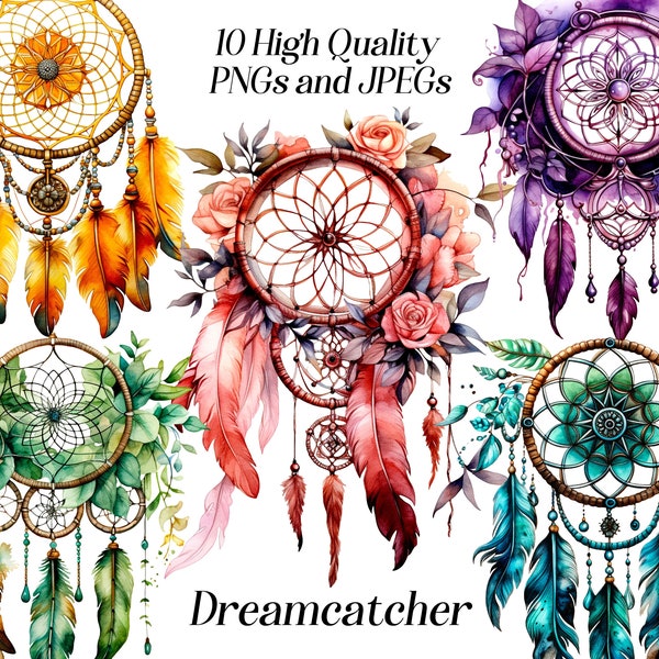 Watercolor dreamcatcher clipart, 10 high quality JPEG and PNG files, Boho clipart, bohemian clipart, home decor clipart, printables
