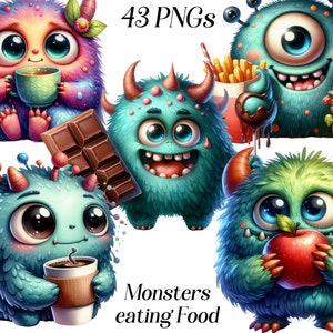 Clipart aquarelle de monstres mangeant de la nourriture, 43 fichiers PNG, créatures mignonnes, monstres affamés drôles, boire, manger, clipart fantastique, imprimable