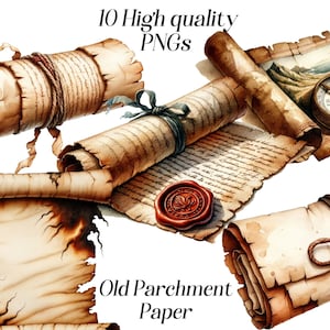 Clipart aquarelle vieux papier parchemin, 10 fichiers PNG de haute qualité, papier déchiré, rouleau de papier antique, graphiques imprimables, carte au trésor