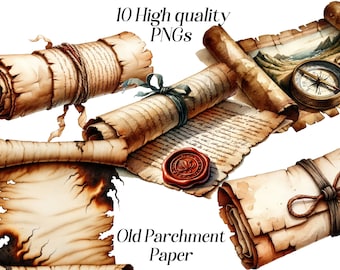 May include: Watercolor illustration of old parchment paper scrolls. Some scrolls are rolled up and tied with twine, others are unrolled, revealing handwritten text and a compass. The image includes the text "10 High quality PNGs" and "Old Parchment Paper".