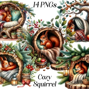 Aquarel gezellige eekhoorn clipart, 14 png-bestanden, bosdieren, schattige eekhoorn, gezellig hol, boomhut, gezellig hoekje, boslandschap, afdrukbaar