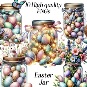 Pode incluir: Dez imagens digitais de jarros de Páscoa cheios de ovos coloridos. Os jarros são decorados com fitas e flores. As imagens são PNGs de alta qualidade.