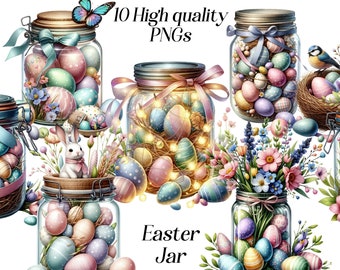 May include: Ten digital images of Easter jars filled with colorful eggs. The jars are decorated with ribbons and flowers. The images are high quality PNGs.