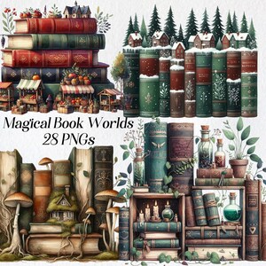 Puede incluir: Una ilustración digital de tres escenas diferentes con pilas de libros con elementos mágicos. La primera escena presenta una pila de libros con una pequeña escena de mercado delante de ella. La segunda escena presenta una pila de libros con una escena de pueblo de invierno delante de ella. La tercera escena presenta una pila de libros con una escena de bosque delante de ella. El texto "Magical Book Worlds 28 PNGs" está en la parte superior de la imagen.