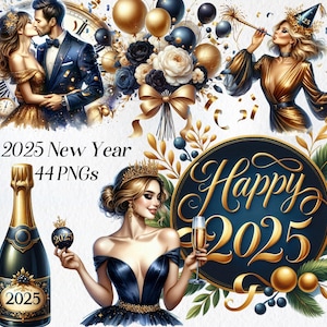 Conjunto de imágenes prediseñadas de celebración de Año Nuevo 2025: PNG festivo de 2025, fuegos artificiales, globos, confeti, gráficos de fiesta para la víspera de Año Nuevo