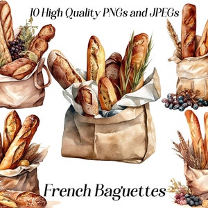 水彩画のフランスのバゲットのクリップアート、10 個の高品質 JPEG および PNG ファイル、パンのクリップアート、コテージコア、ベーカリー グラフィック、印刷可能