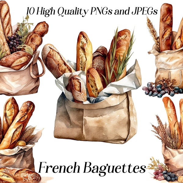 Watercolor French baguette clipart, 10 high quality JPEG and PNG files, bread clipart, cottagecore, bakery graphics, printable