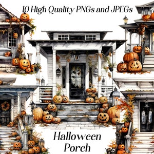 Watercolor Halloween Porch Clipart: Spooky Decor Graphics (Digital)