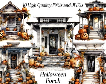 Watercolor Halloween Porch Clipart: Spooky Decor Graphics (Digital)