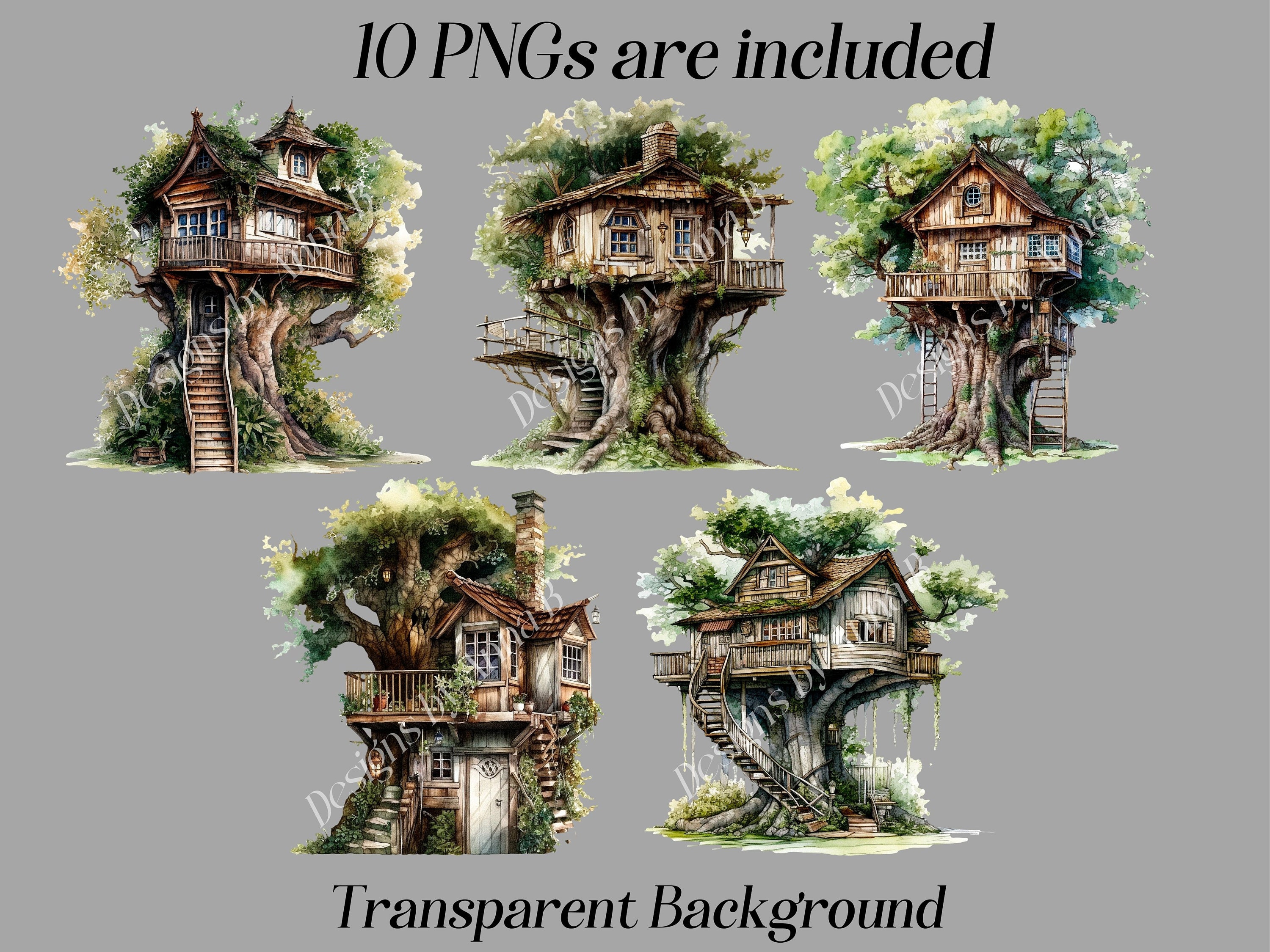 Watercolor Treehouse Clipart: Cottagecore Forest Art (digital 