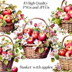 May include: Five wicker baskets filled with red apples and white blossoms. The baskets are arranged in a row, with the apples and blossoms spilling out of the baskets. The text "Basket with apples" is written below the baskets.