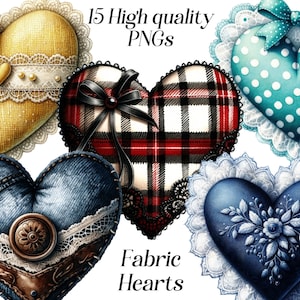 Clipart cuori in tessuto acquerello, 15 file PNG di alta qualità, clipart cuore, cuori carini, cuscini cuore, cuore shabby chic, effimera