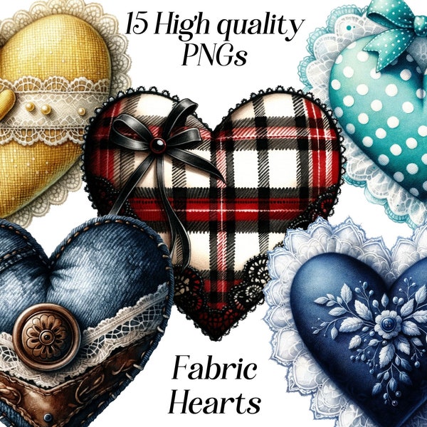 Watercolor Fabric Hearts clipart, 15 high quality PNG files, heart clipart, cute hearts, heart cushions, shabby chic heart, ephemera