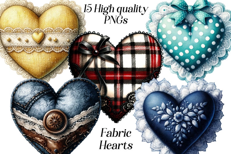 May include: 15 high quality PNG images of fabric hearts in various colors and patterns, including yellow, red, blue, and green. The hearts are decorated with lace, plaid, polka dots, and embroidery.