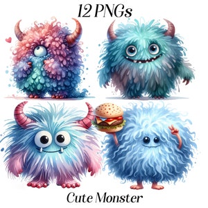 Aquarelle monstre mignon Clipart, 12 fichiers PNG, créature bleue, téléchargement numérique, décoration de chambre d'enfant, tirages d'art pour chambre d'enfant, monstre de dessin animé