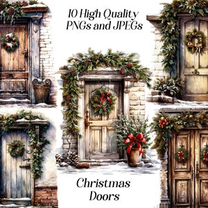 Aquarel kerstdeur clipart, 10 hoge kwaliteit jpeg- en png-bestanden, deur met krans, kerstkrans, kerstdecor, voordeur, printables