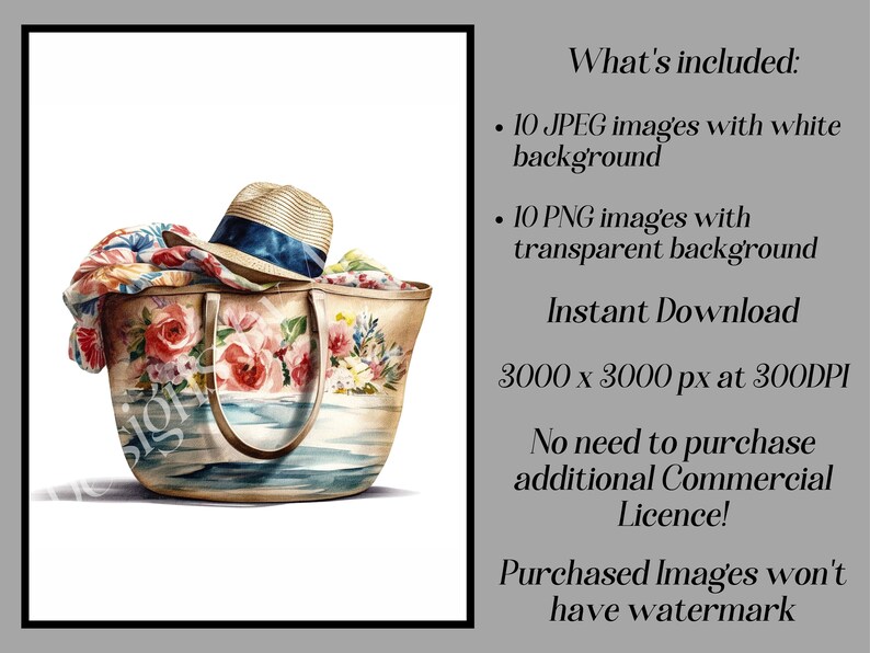 May include: A floral patterned beach tote bag with a straw hat and a patterned scarf inside. The bag is on a white background.