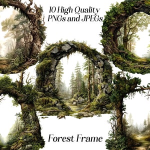 Aquarel bos frame clipart, 10 hoge kwaliteit jpeg- en png-bestanden, betoverd bos, bospoort, toegang tot bossen, scrapbooking