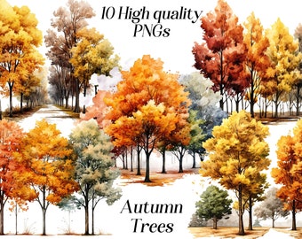May include: Watercolor illustrations of autumn trees in various colors, including yellow, orange, and red. The image includes the text "10 High quality PNGs" and "Autumn Trees". The trees are depicted with detailed foliage and trunks, suitable for digital art projects.
