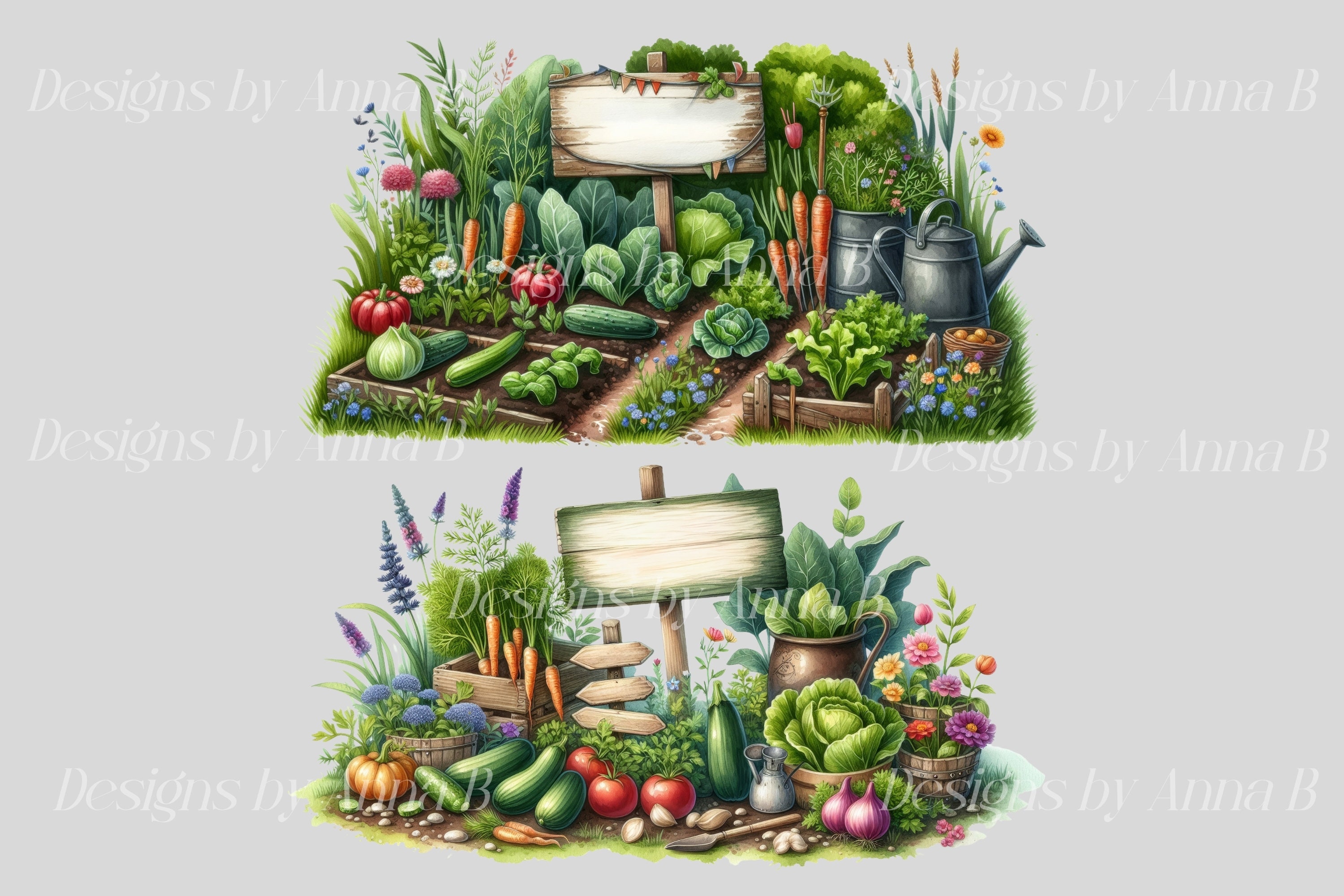 Watercolor Garden Clipart: Vegetable Patch PNG Images (digital Download ...