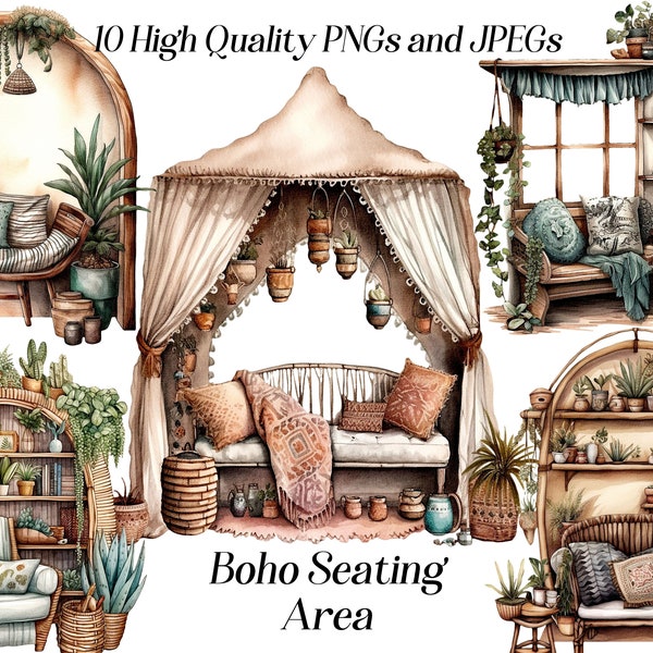 Watercolor boho seating area clipart, 10 high quality JPEG and PNG files, Bohemian room interior, cozy nook, boho furniture, printables