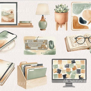 May include: Watercolor illustration of a home office setup with a neutral color palette. Includes a framed landscape art print, books, a desk lamp, a succulent in a terracotta pot, a tablet with a stylus, a smartphone, a keyboard, a mouse, an open book with glasses, a notebook, a file holder, a computer monitor, and a pencil holder.