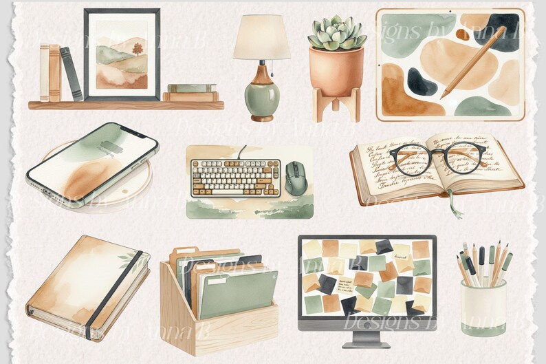 May include: Watercolor illustration of a home office setup with a neutral color palette. Includes a framed landscape art print, books, a desk lamp, a succulent in a terracotta pot, a tablet with a stylus, a smartphone, a keyboard, a mouse, an open book with glasses, a notebook, a file holder, a computer monitor, and a pencil holder.