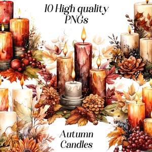Kerzen Clipart, Aquarell, Herbst Dekor, Herbst, rustikal, gemütliche Jahreszeit, Herbstlaub, Wohnkultur, Hygge, Digitaldruck, Download, png,