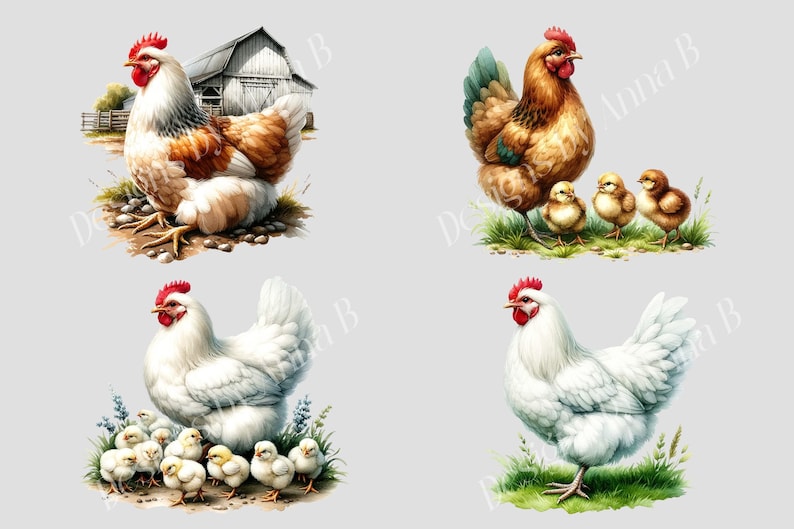 May include: Four illustrations of chickens. The top left image shows a brown and white hen with a red comb sitting on a pile of rocks in front of a red barn. The top right image shows a brown hen with a red comb and three yellow chicks. The bottom left image shows a white hen with a red comb and a group of yellow chicks. The bottom right image shows a white hen with a red comb.