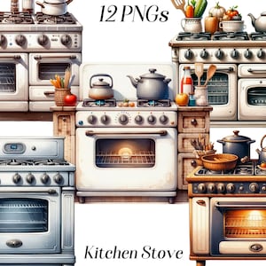 Clipart aquarelle de cuisinière, 12 fichiers PNG, images de cuisine, désordre de cuisine, cuisinière, illustration d'appareils de cuisine, décoration intérieure, images