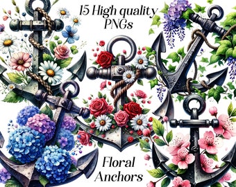 Watercolor Floral Anchor Clipart: Nautical PNG Set (15 Files)