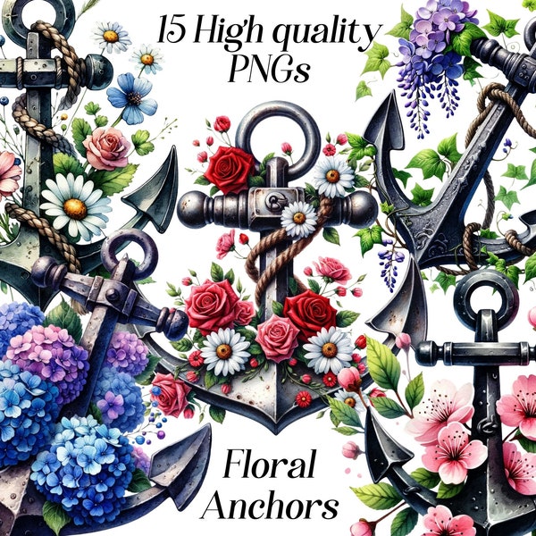 Watercolor Floral Anchors clipart, 15 high quality PNG files, nautical, anchor with flowers, botanical, marine, illustration, printables