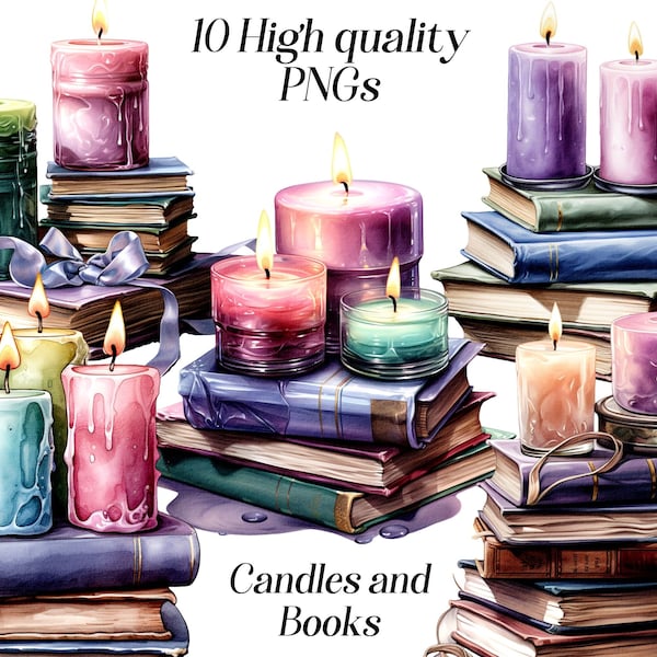 Watercolor Candles and Books clipart, 10 high quality PNG files, Stack of books, reading, Pastel, printable graphics