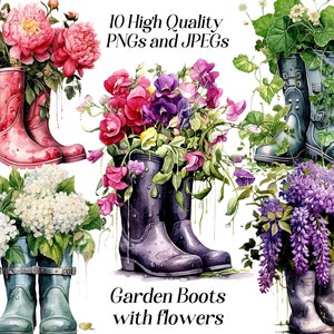Aquarell Garten Stiefel Clipart, 10 hochwertige JPEG und PNG Dateien, Gummistiefel mit Blumen, Printables