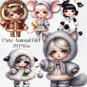 Clipart fille mignonne, clipart costumes d'animaux, png, graphiques de pépinière, poupée, personnage, fille de lapin, chaton, souris, images imprimables, numériques